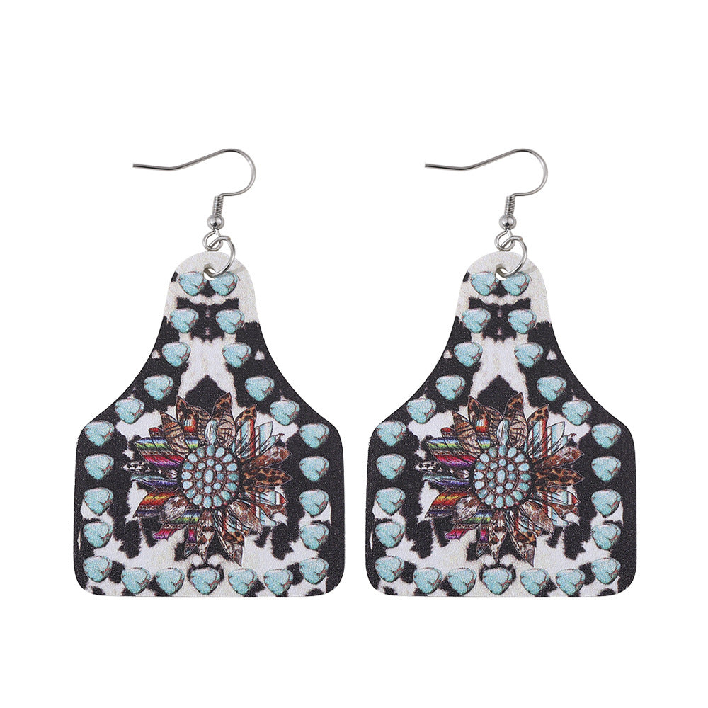 Wholesale Western Cowboy Turquoise Leopard Print  Double-Sided Leather Earrings